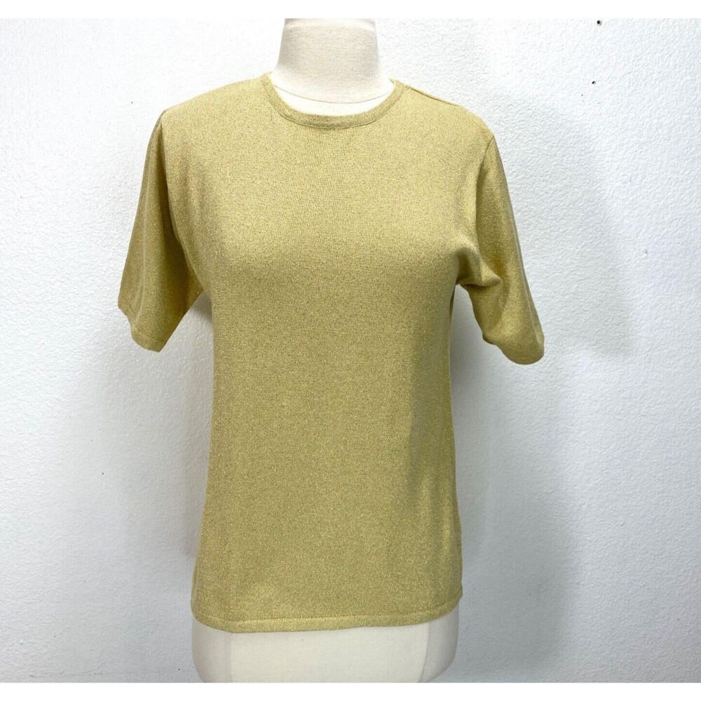 Vintage Y2K Yarnworks Gold Metallic Sweater Small Knit Short Sleeve Pullover